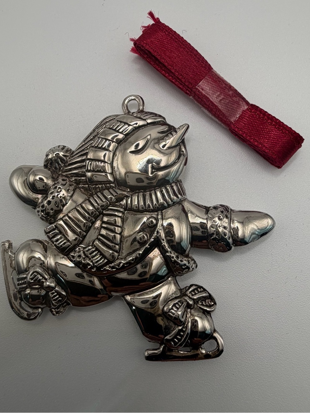 Gorham Silver Skating Snowman Ornament with Red Ribbon